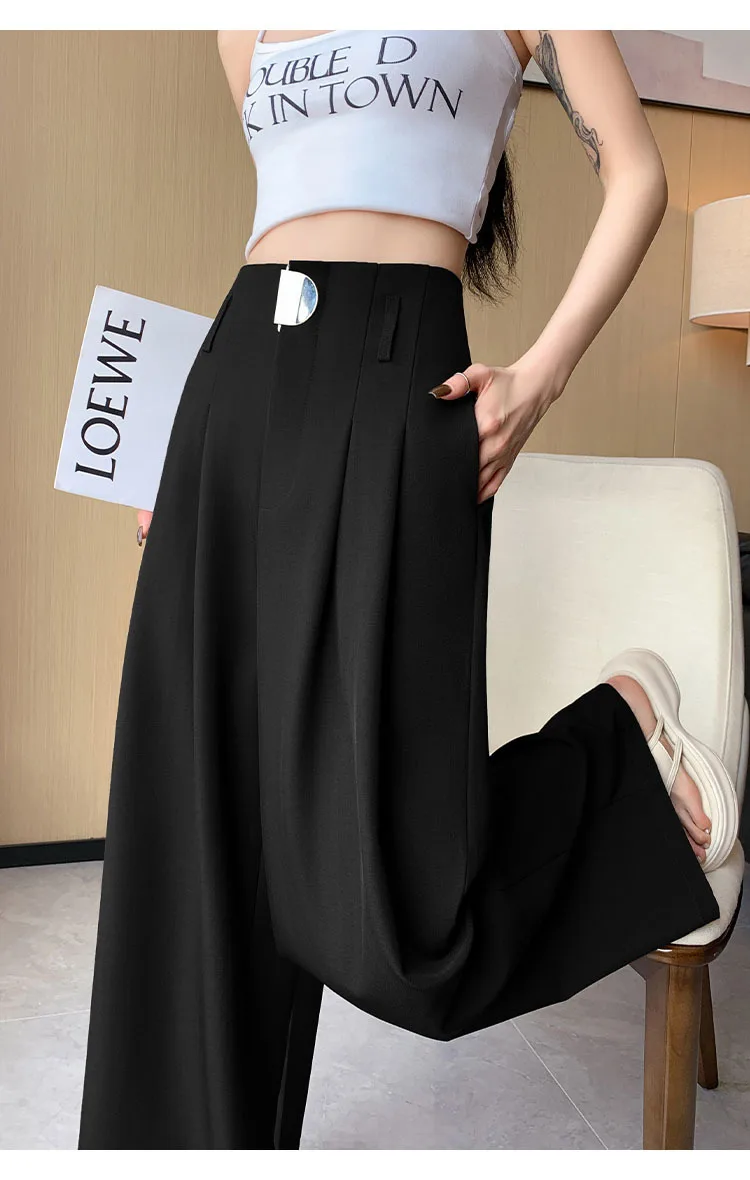 High Waist Suit Wide Leg Women's Full Pants Buttons Spring Summer Female Elegant Minimalism Straight Loose Trousers 2024 New