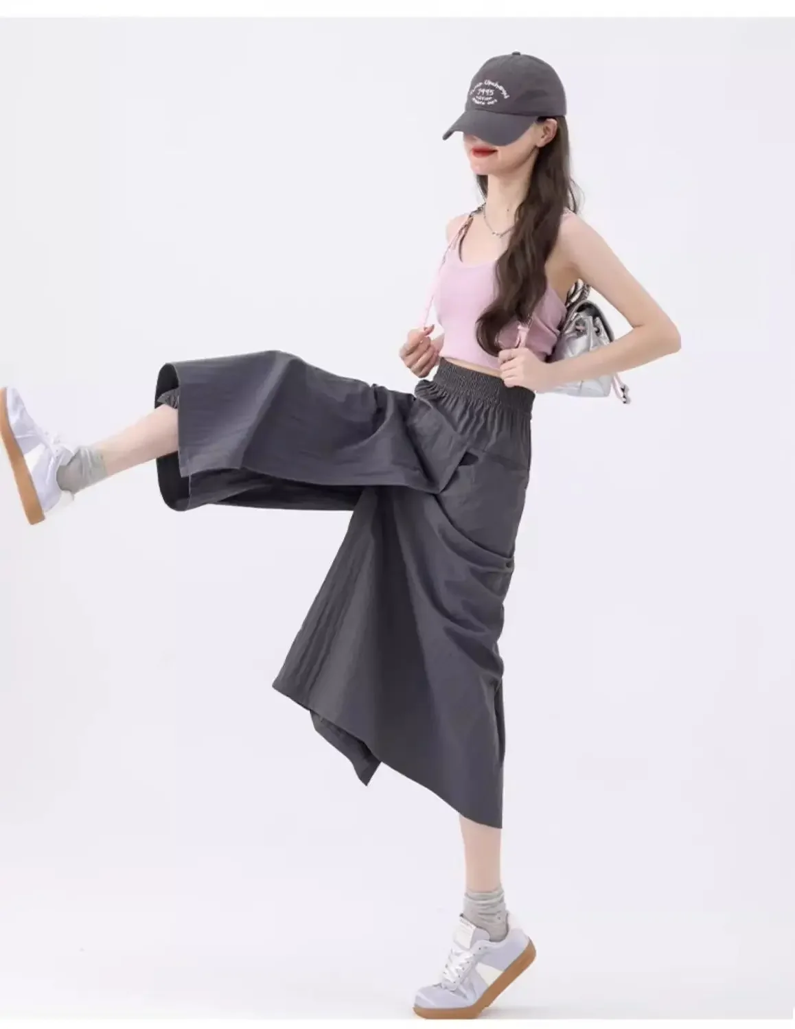 Summer Pantskirt Women High Waist Wide Leg Pants Gray Culottes Thin Loose Ice Silk Casual Overalls Semi Body Work Skirts Black