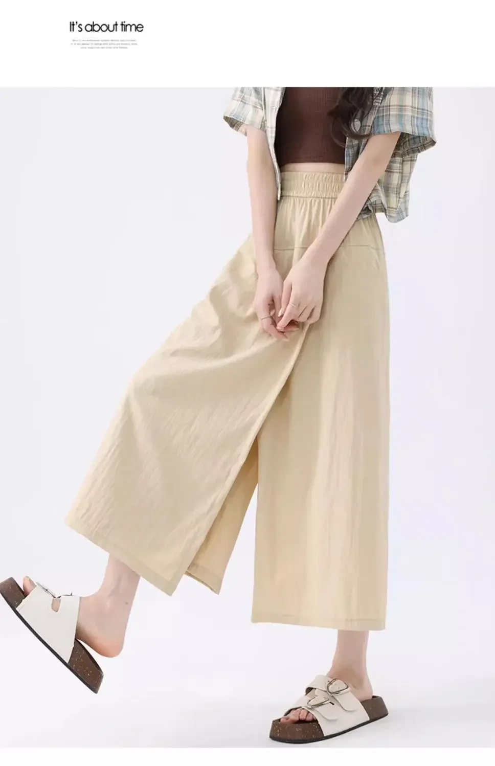 Summer Pantskirt Women High Waist Wide Leg Pants Gray Culottes Thin Loose Ice Silk Casual Overalls Semi Body Work Skirts Black