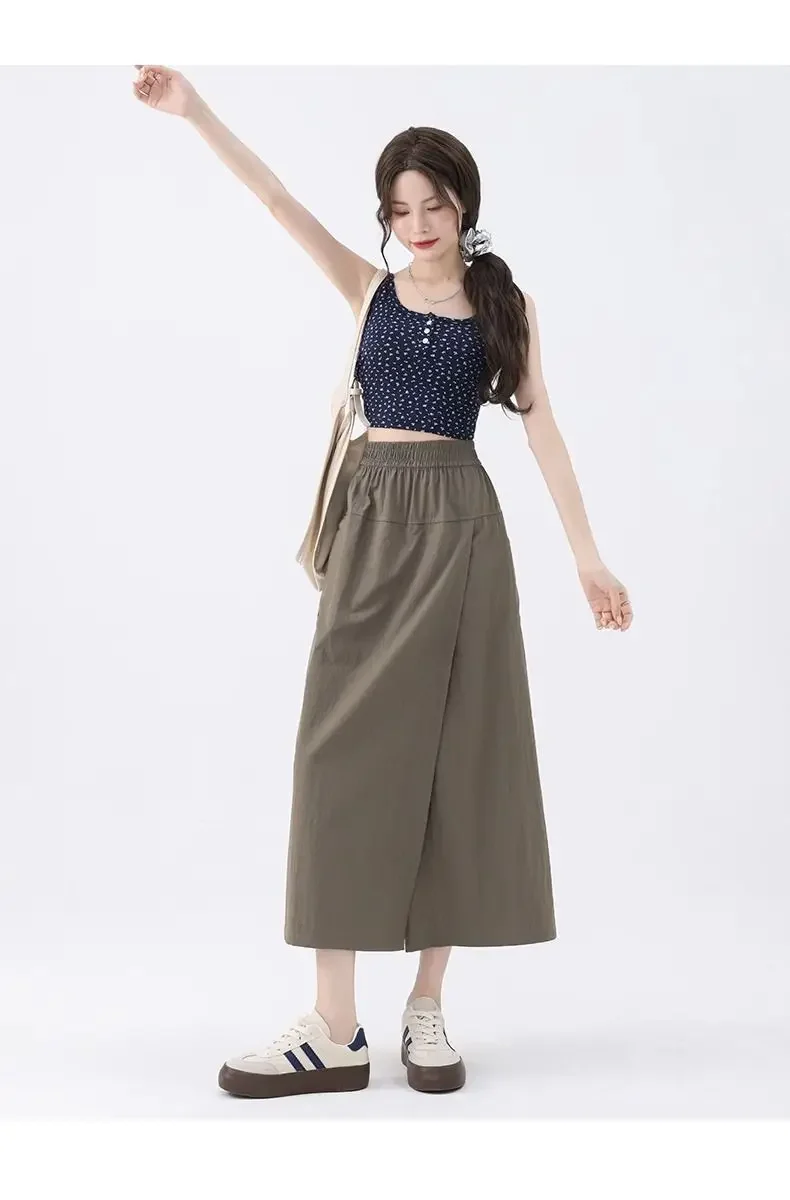 Summer Pantskirt Women High Waist Wide Leg Pants Gray Culottes Thin Loose Ice Silk Casual Overalls Semi Body Work Skirts Black