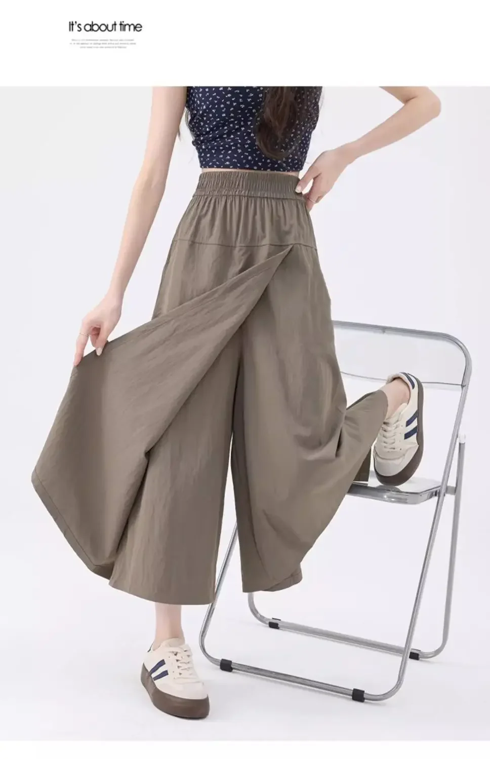 Summer Pantskirt Women High Waist Wide Leg Pants Gray Culottes Thin Loose Ice Silk Casual Overalls Semi Body Work Skirts Black