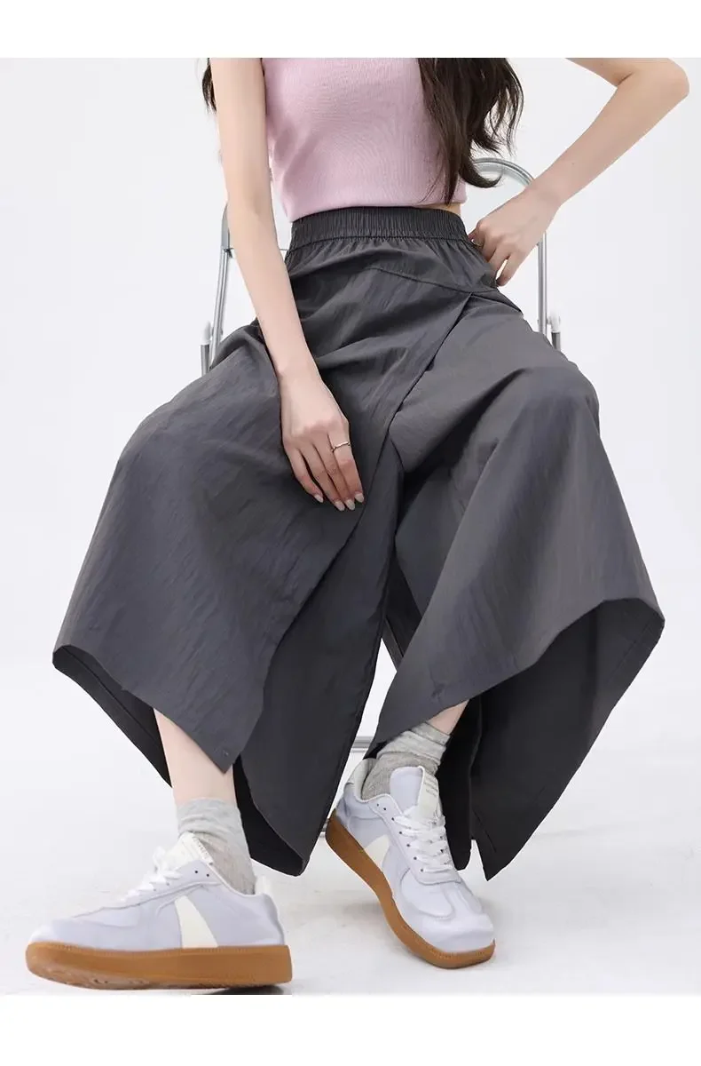 Summer Pantskirt Women High Waist Wide Leg Pants Gray Culottes Thin Loose Ice Silk Casual Overalls Semi Body Work Skirts Black