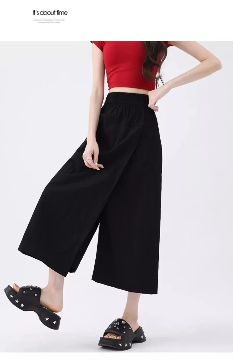 Summer Pantskirt Women High Waist Wide Leg Pants Gray Culottes Thin Loose Ice Silk Casual Overalls Semi Body Work Skirts Black
