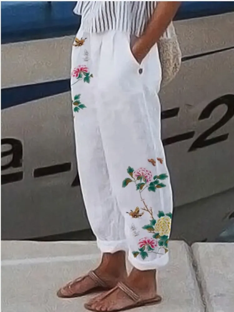 Cotton Linen Elegant Vintage Floral Print Women Pants Elastic Waist Pockets Casual Streetwear Work Wear Loose Trousers