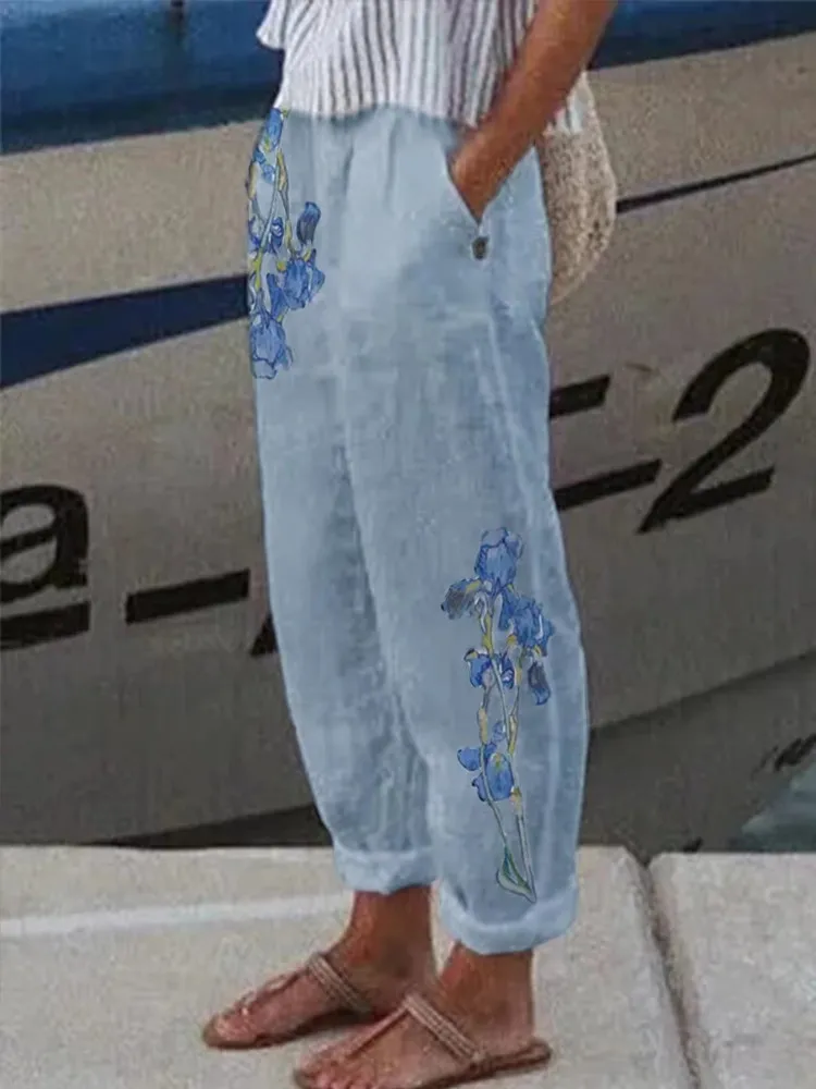 Cotton Linen Elegant Vintage Floral Print Women Pants Elastic Waist Pockets Casual Streetwear Work Wear Loose Trousers