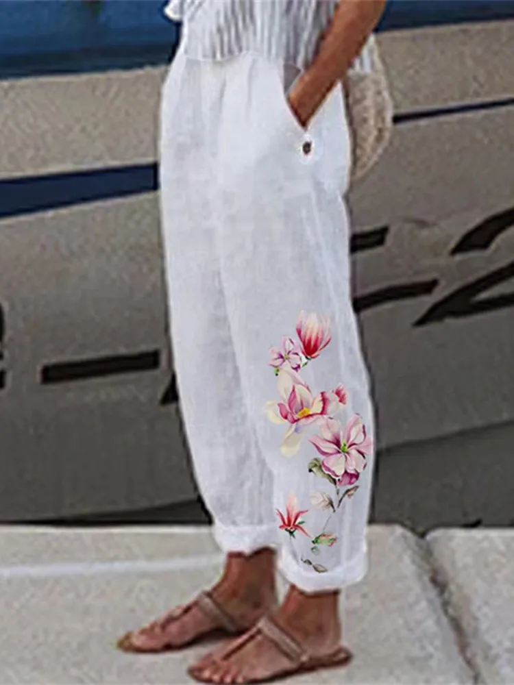 Cotton Linen Elegant Vintage Floral Print Women Pants Elastic Waist Pockets Casual Streetwear Work Wear Loose Trousers