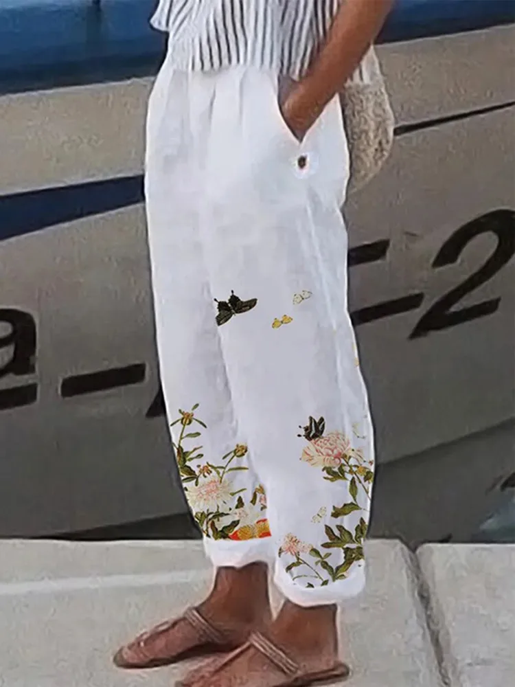 Cotton Linen Elegant Vintage Floral Print Women Pants Elastic Waist Pockets Casual Streetwear Work Wear Loose Trousers