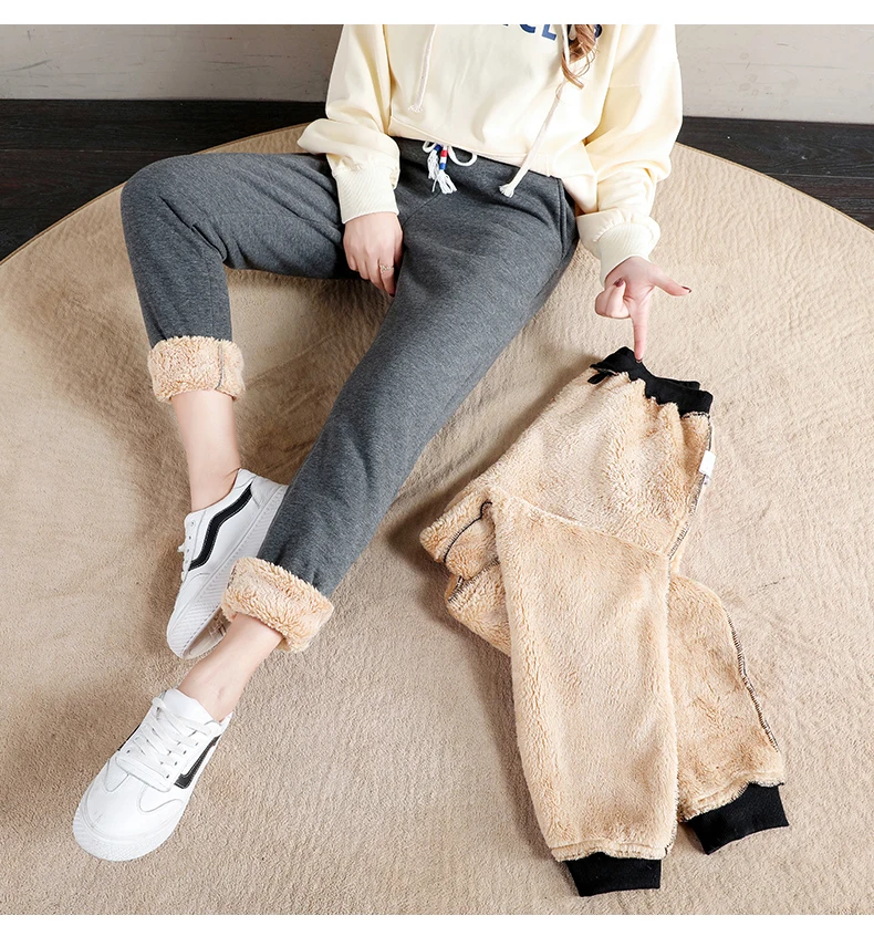 OUMENGKA Women Winter Thick Lambskin Cashmere Pants Warm Female Casual Cotton Pants Loose Harlan Long Trousers S-5XL 3XL 4XL