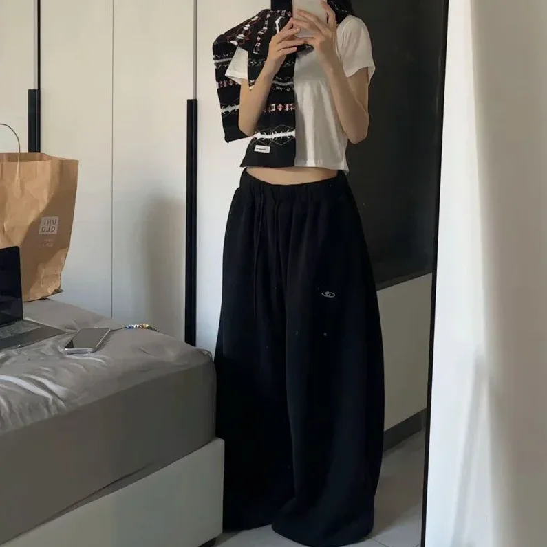 Retro American Hip-Hop High Waist Wide-Leg Sweatpants for Women Casual Black Korean Streetwear Loose Jogging Pants