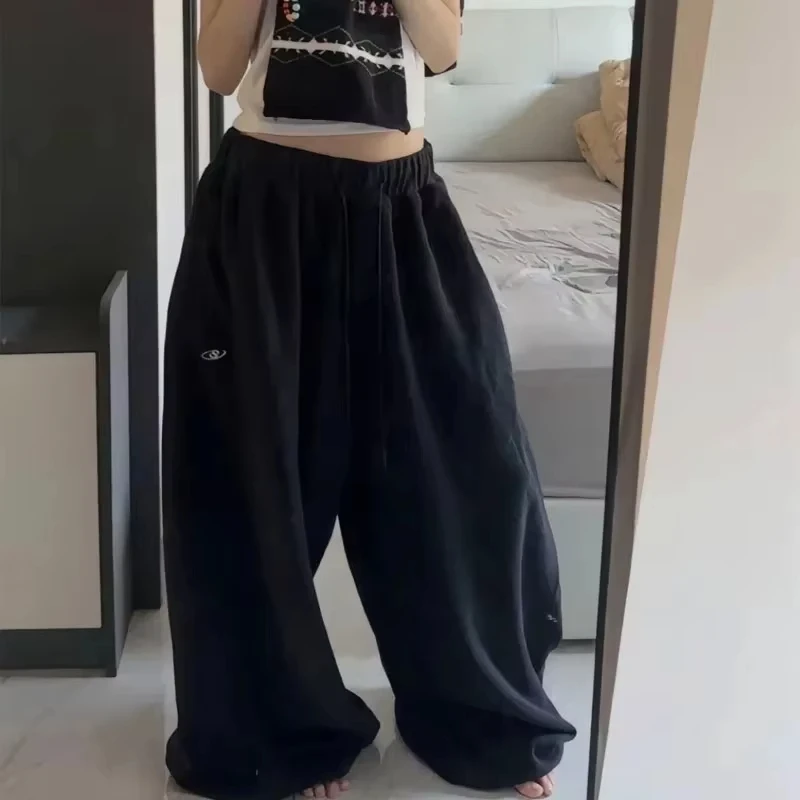 Retro American Hip-Hop High Waist Wide-Leg Sweatpants for Women Casual Black Korean Streetwear Loose Jogging Pants