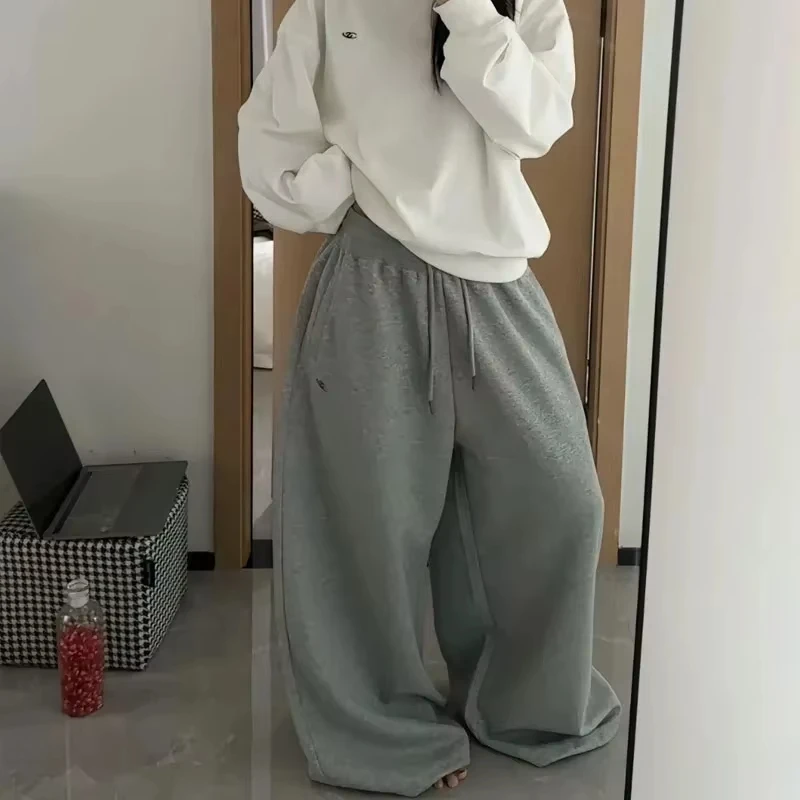 Retro American Hip-Hop High Waist Wide-Leg Sweatpants for Women Casual Black Korean Streetwear Loose Jogging Pants