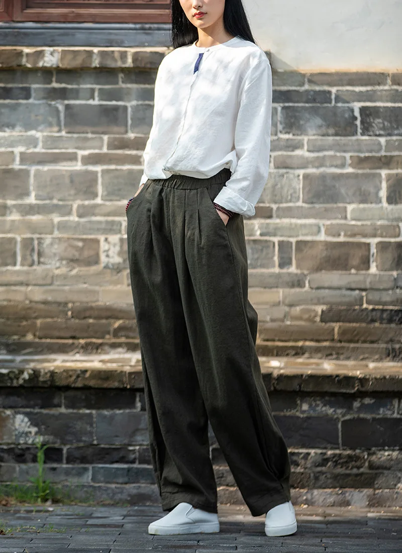 Johnature Women Loose Cotton Linen Casual Pants Solid Color Elastic Waist Lantern Pants 2025 Spring New Female Trousers