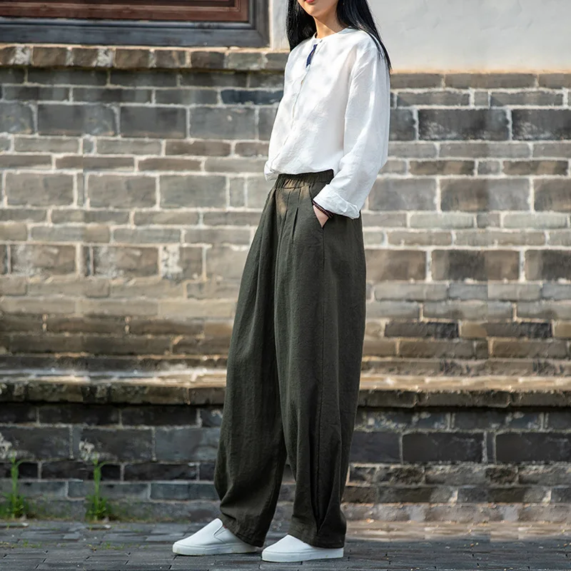 Johnature Women Loose Cotton Linen Casual Pants Solid Color Elastic Waist Lantern Pants 2025 Spring New Female Trousers