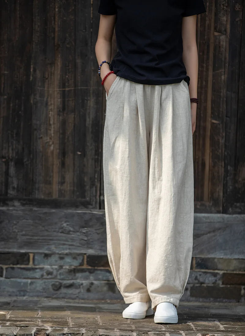 Johnature Women Loose Cotton Linen Casual Pants Solid Color Elastic Waist Lantern Pants 2025 Spring New Female Trousers