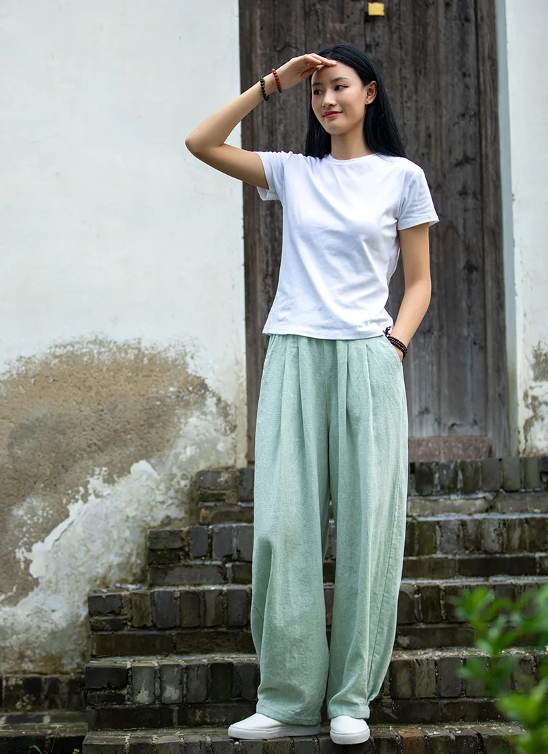 Johnature Women Loose Cotton Linen Casual Pants Solid Color Elastic Waist Lantern Pants 2025 Spring New Female Trousers
