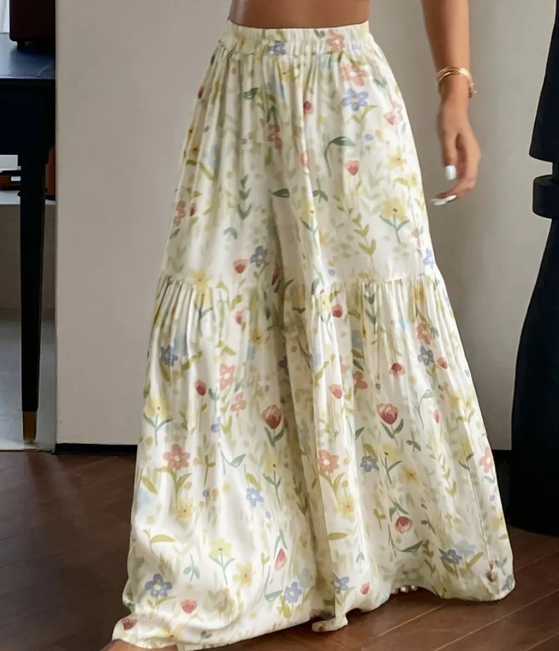 2026 Summer Fairy Floral Pants Women's High Waist Loose Thin Wide Leg Elegant Skinny Versatile Straight Pants Female  Trousers