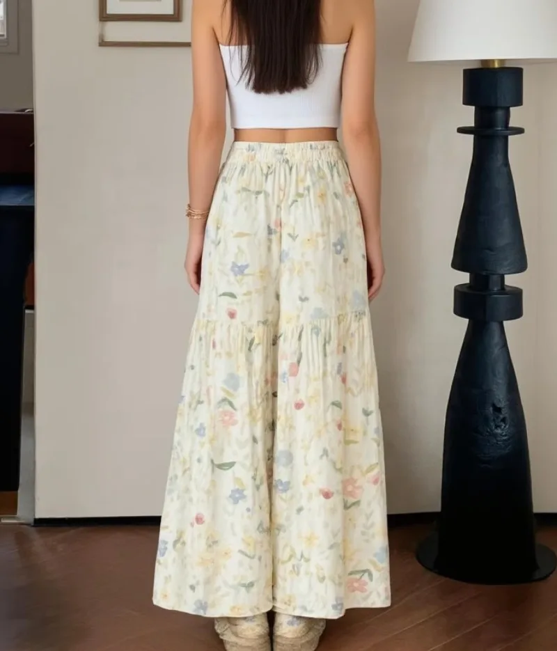2026 Summer Fairy Floral Pants Women's High Waist Loose Thin Wide Leg Elegant Skinny Versatile Straight Pants Female  Trousers