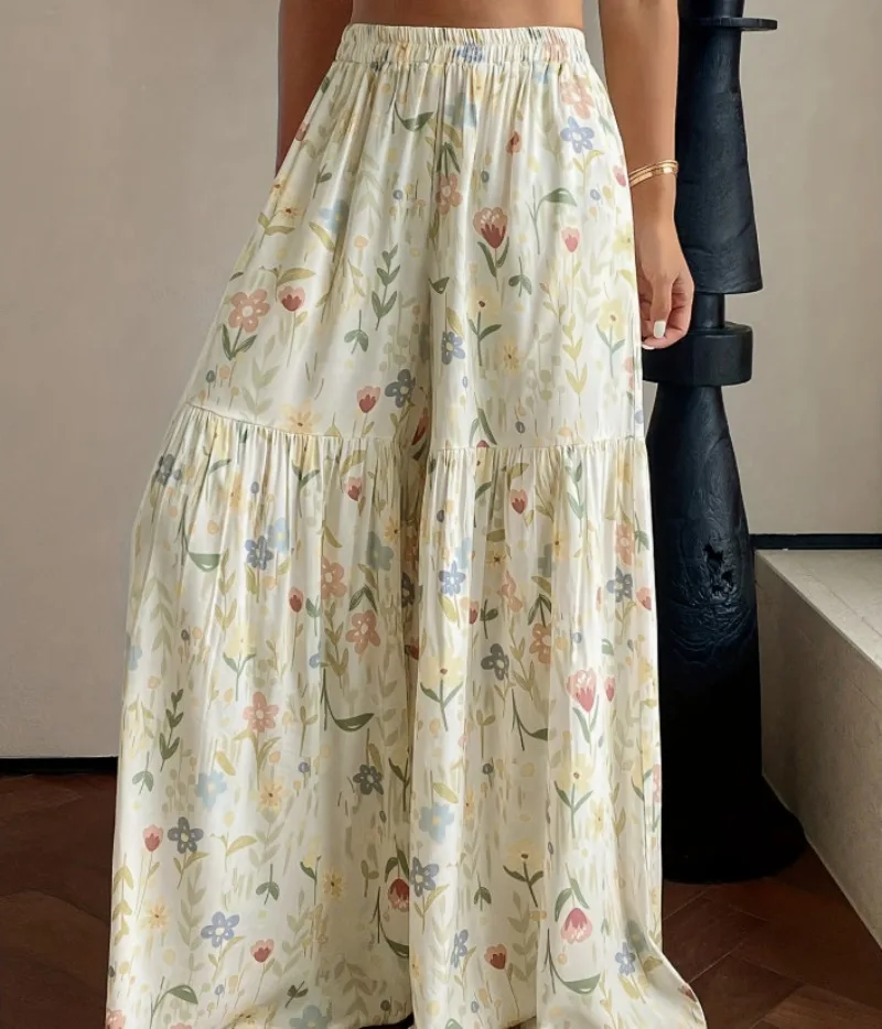 2026 Summer Fairy Floral Pants Women's High Waist Loose Thin Wide Leg Elegant Skinny Versatile Straight Pants Female  Trousers