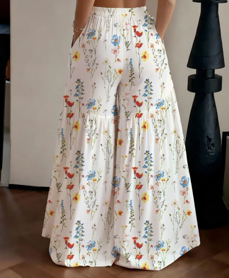 2026 Summer Fairy Floral Pants Women's High Waist Loose Thin Wide Leg Elegant Skinny Versatile Straight Pants Female  Trousers