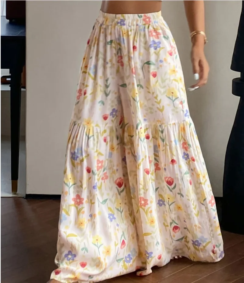 2026 Summer Fairy Floral Pants Women's High Waist Loose Thin Wide Leg Elegant Skinny Versatile Straight Pants Female  Trousers