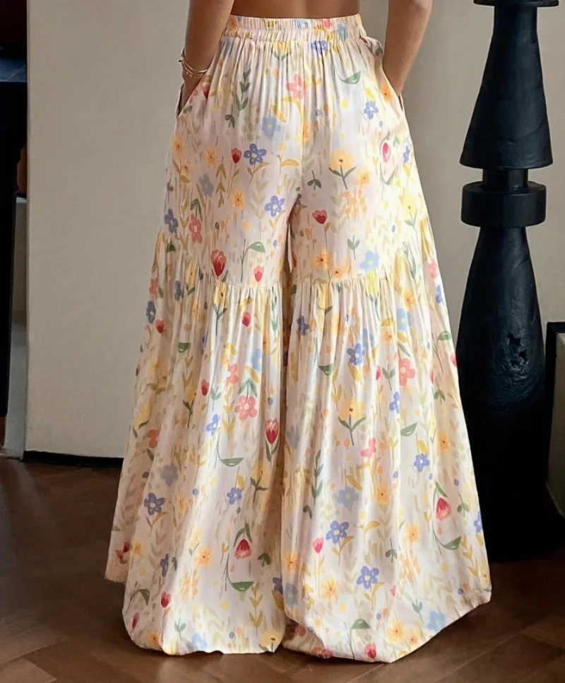 2026 Summer Fairy Floral Pants Women's High Waist Loose Thin Wide Leg Elegant Skinny Versatile Straight Pants Female  Trousers
