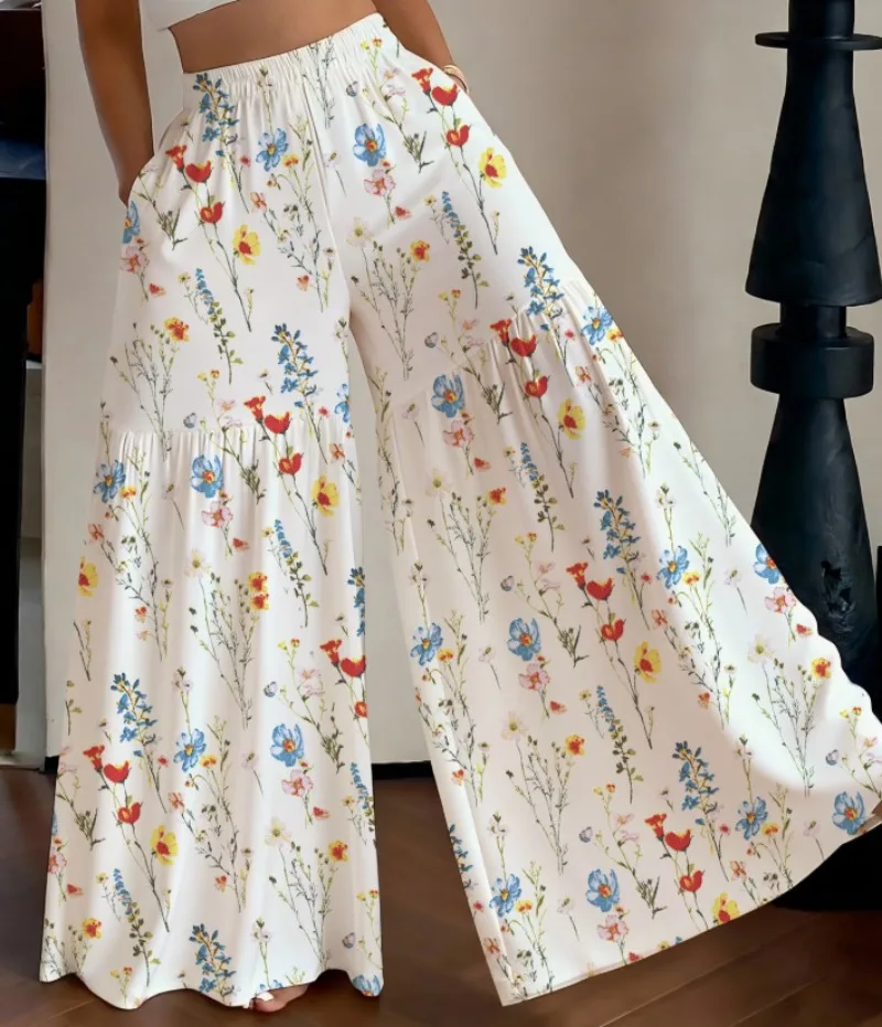 2026 Summer Fairy Floral Pants Women's High Waist Loose Thin Wide Leg Elegant Skinny Versatile Straight Pants Female  Trousers