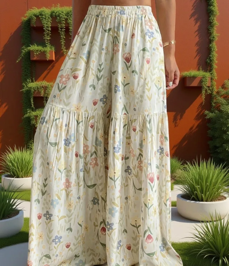 2026 Summer Fairy Floral Pants Women's High Waist Loose Thin Wide Leg Elegant Skinny Versatile Straight Pants Female  Trousers