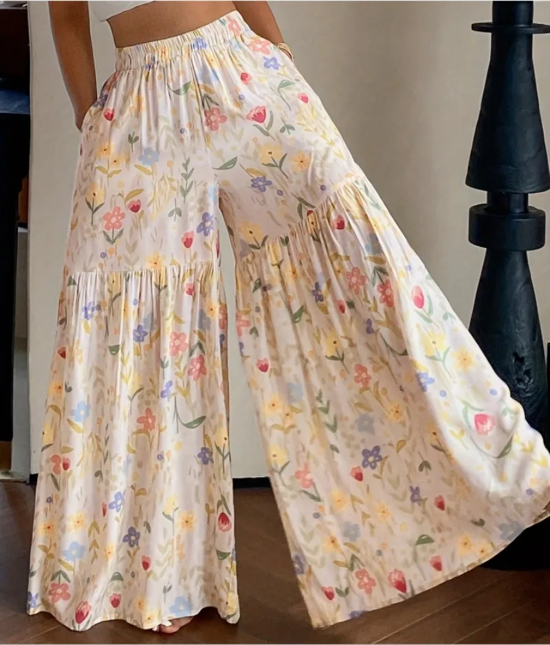 2026 Summer Fairy Floral Pants Women's High Waist Loose Thin Wide Leg Elegant Skinny Versatile Straight Pants Female  Trousers