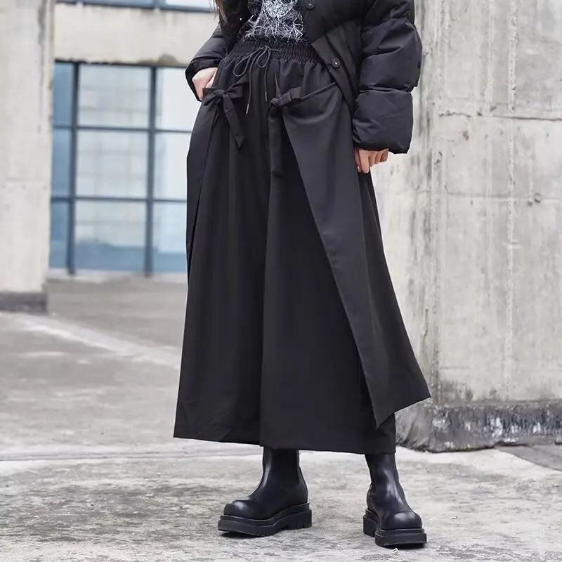 Japanese Y2k Black Hakama Pants for Women Stylish Wide-Leg Skirt Pants Baggy Casual Streetwear Party Chic Teenager Clothing