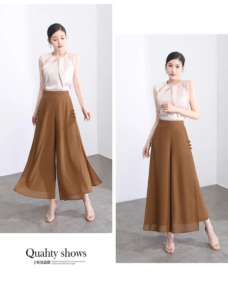 ZUZK Women Side Slit Chiffon Pants Summer Thin Elastic Waist Wide Leg Pants Chic Droop Trousers Chinese Style Nine Point Pants