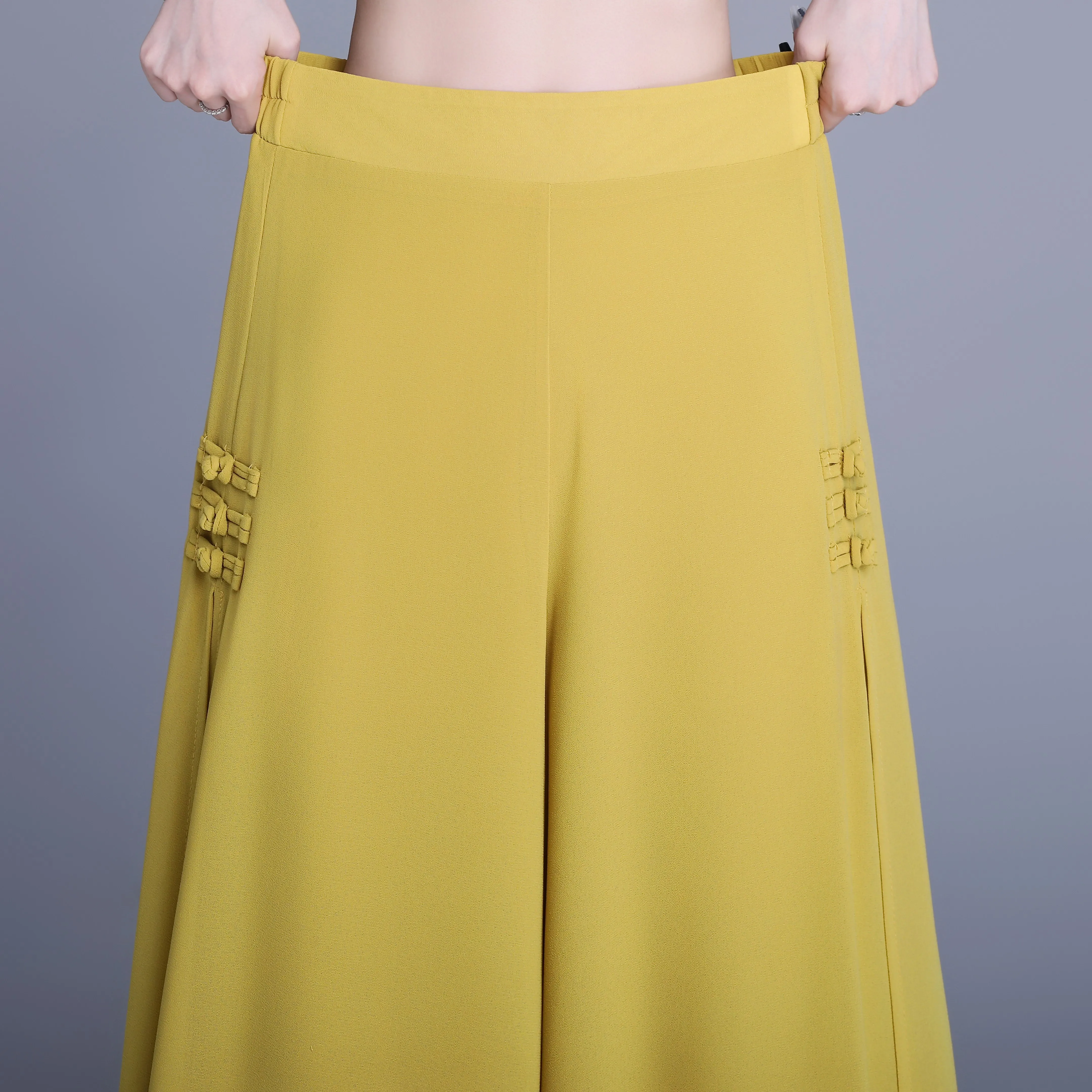 ZUZK Women Side Slit Chiffon Pants Summer Thin Elastic Waist Wide Leg Pants Chic Droop Trousers Chinese Style Nine Point Pants