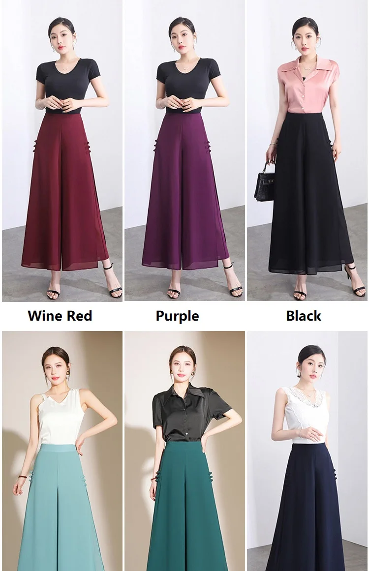 ZUZK Women Side Slit Chiffon Pants Summer Thin Elastic Waist Wide Leg Pants Chic Droop Trousers Chinese Style Nine Point Pants