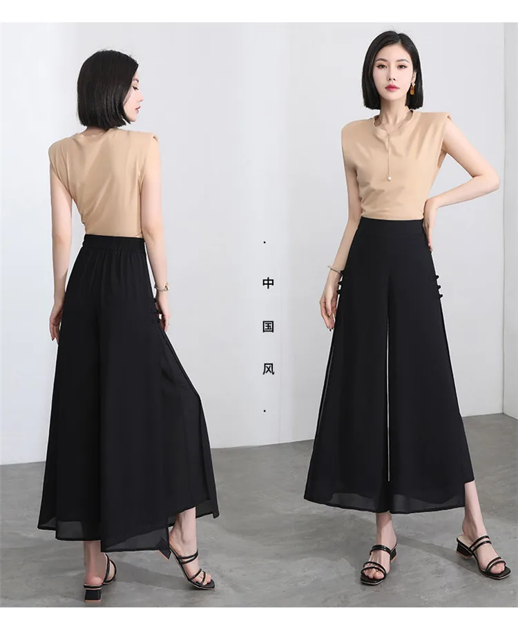 ZUZK Women Side Slit Chiffon Pants Summer Thin Elastic Waist Wide Leg Pants Chic Droop Trousers Chinese Style Nine Point Pants