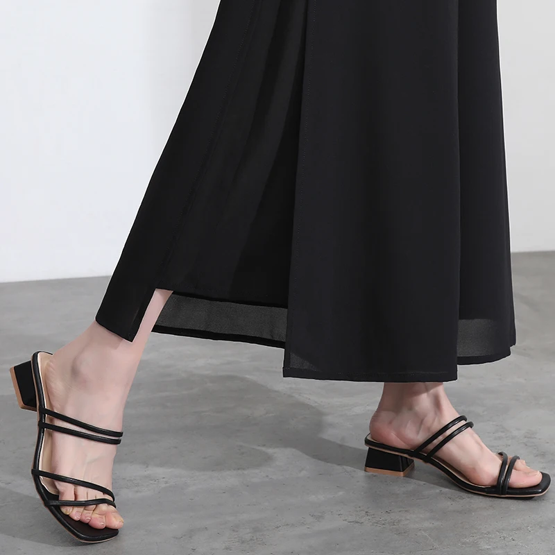 ZUZK Women Side Slit Chiffon Pants Summer Thin Elastic Waist Wide Leg Pants Chic Droop Trousers Chinese Style Nine Point Pants