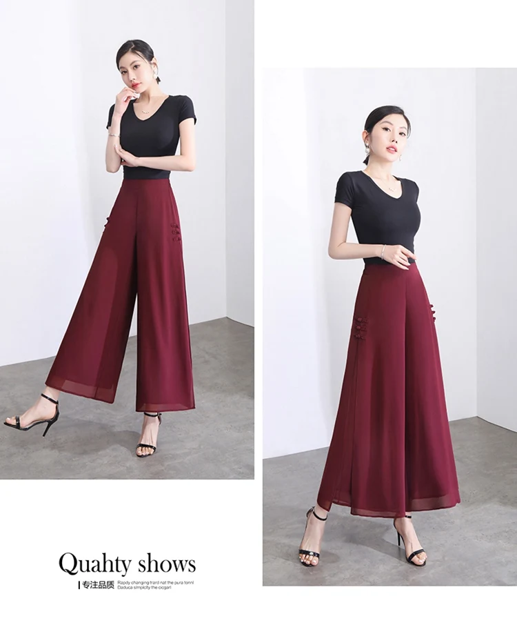 ZUZK Women Side Slit Chiffon Pants Summer Thin Elastic Waist Wide Leg Pants Chic Droop Trousers Chinese Style Nine Point Pants