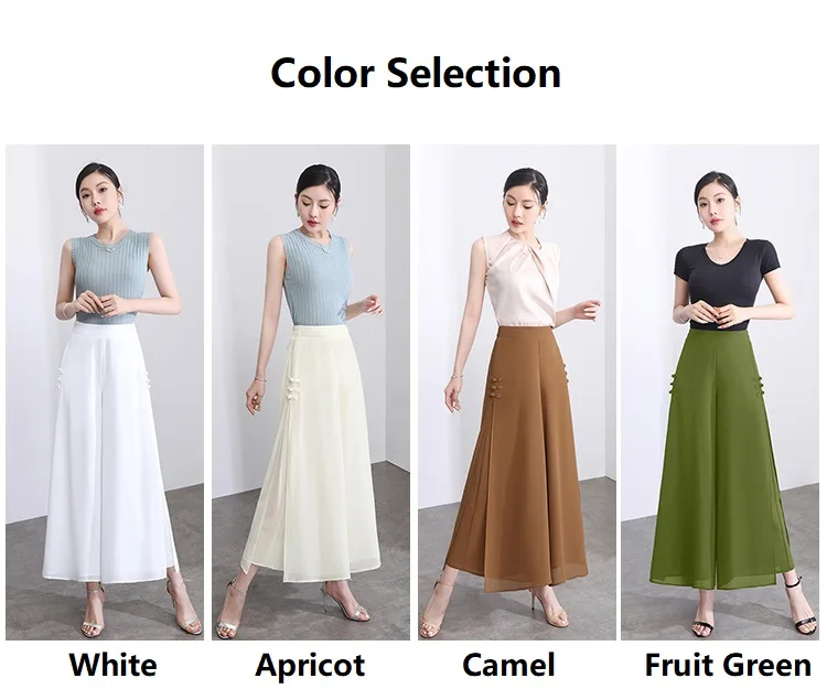 ZUZK Women Side Slit Chiffon Pants Summer Thin Elastic Waist Wide Leg Pants Chic Droop Trousers Chinese Style Nine Point Pants