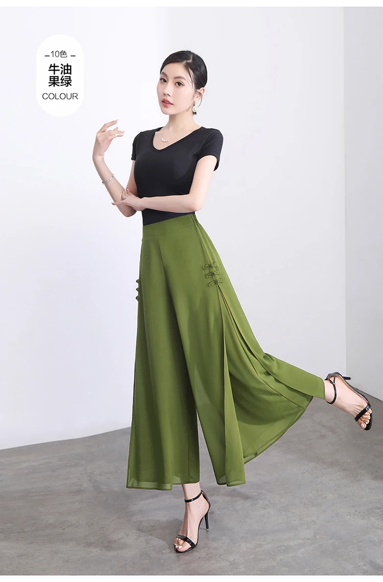 ZUZK Women Side Slit Chiffon Pants Summer Thin Elastic Waist Wide Leg Pants Chic Droop Trousers Chinese Style Nine Point Pants