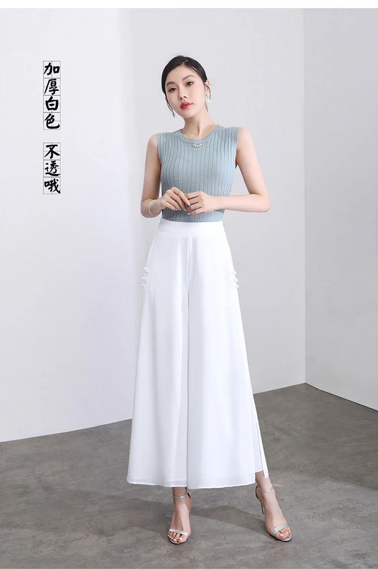 ZUZK Women Side Slit Chiffon Pants Summer Thin Elastic Waist Wide Leg Pants Chic Droop Trousers Chinese Style Nine Point Pants