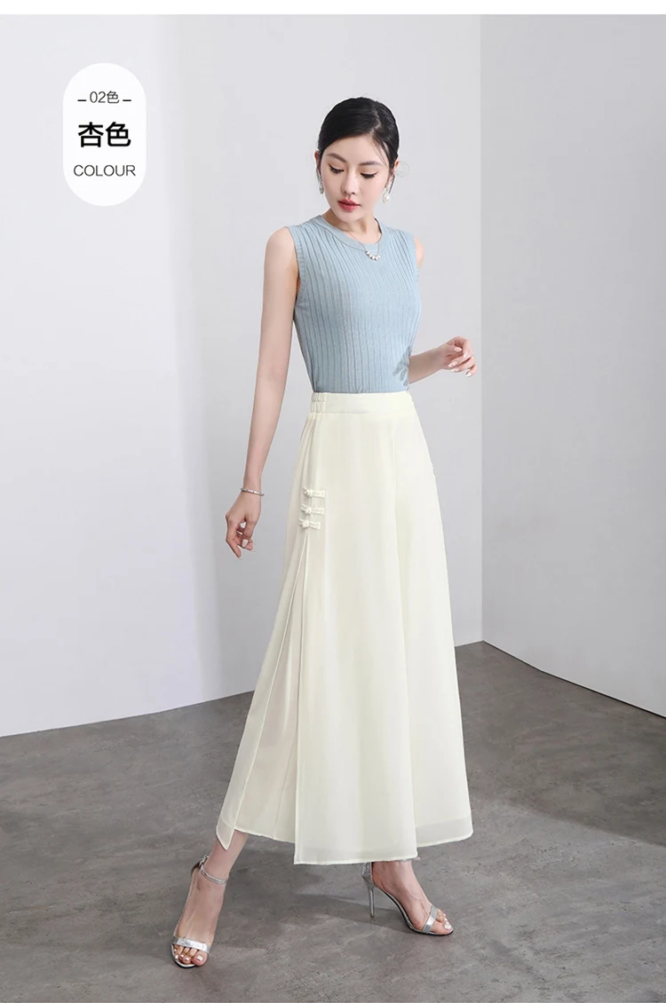 ZUZK Women Side Slit Chiffon Pants Summer Thin Elastic Waist Wide Leg Pants Chic Droop Trousers Chinese Style Nine Point Pants