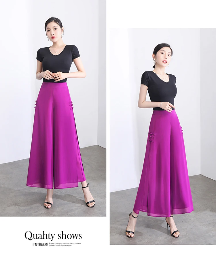 ZUZK Women Side Slit Chiffon Pants Summer Thin Elastic Waist Wide Leg Pants Chic Droop Trousers Chinese Style Nine Point Pants
