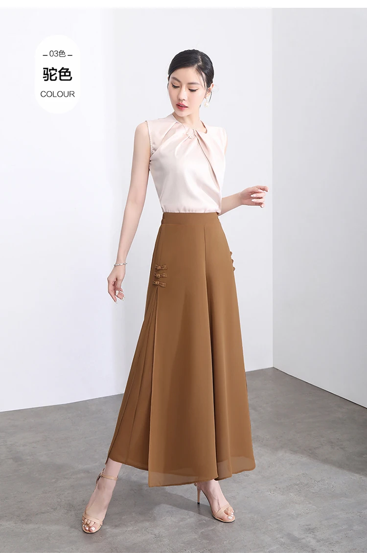 ZUZK Women Side Slit Chiffon Pants Summer Thin Elastic Waist Wide Leg Pants Chic Droop Trousers Chinese Style Nine Point Pants