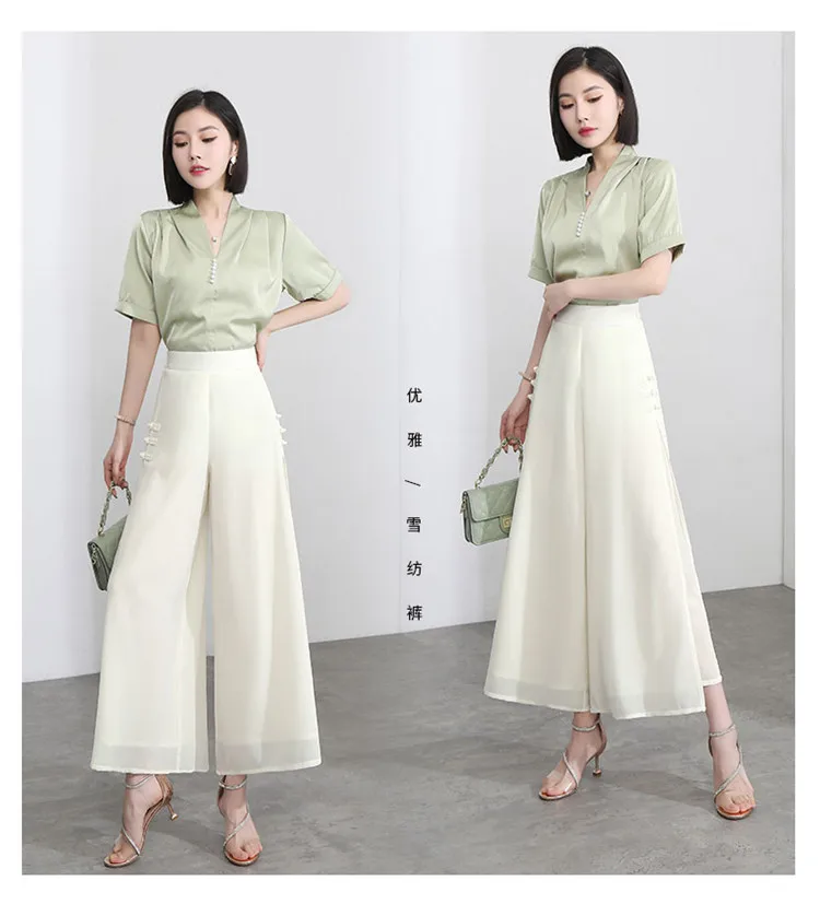 ZUZK Women Side Slit Chiffon Pants Summer Thin Elastic Waist Wide Leg Pants Chic Droop Trousers Chinese Style Nine Point Pants