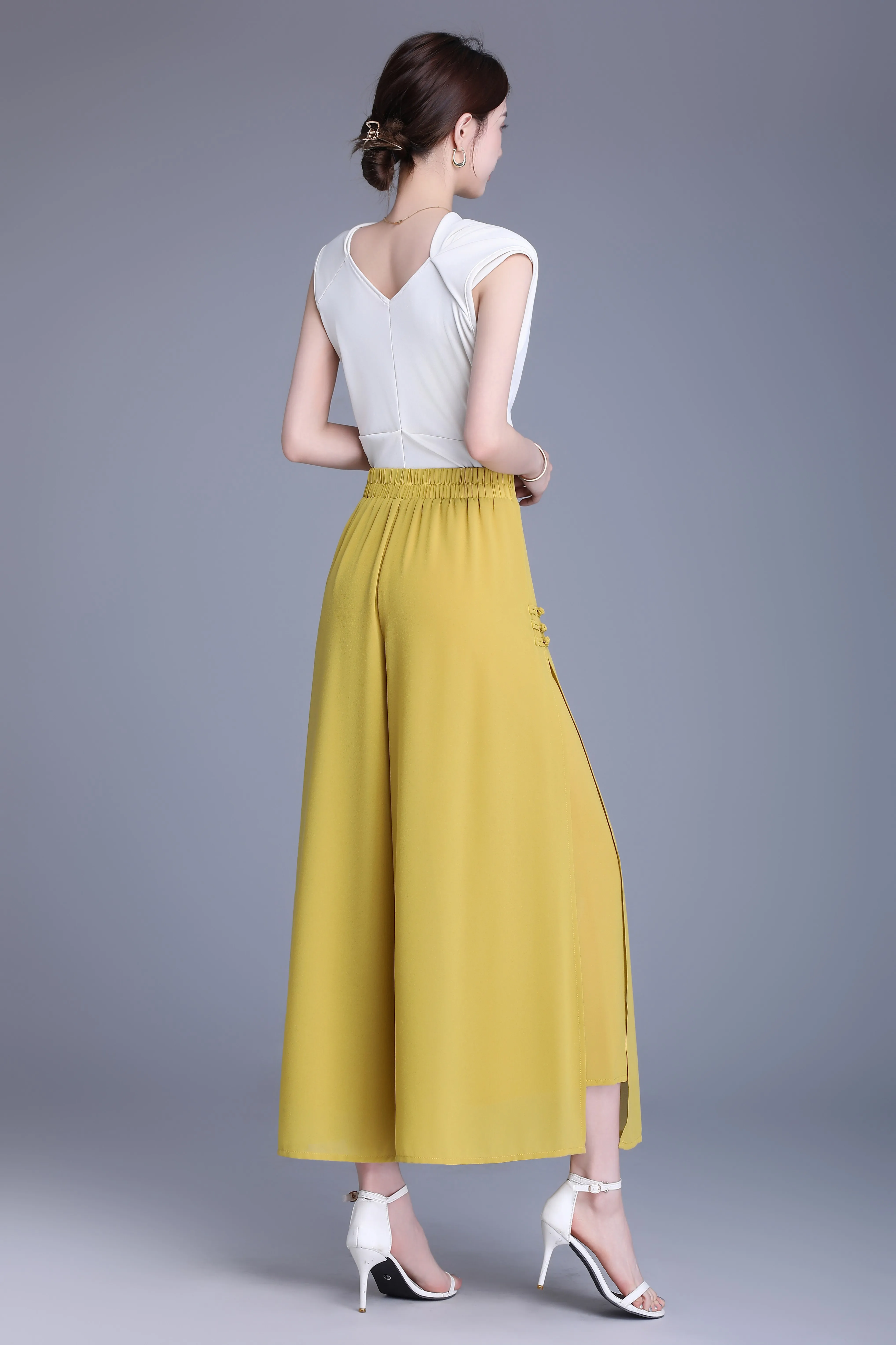 ZUZK Women Side Slit Chiffon Pants Summer Thin Elastic Waist Wide Leg Pants Chic Droop Trousers Chinese Style Nine Point Pants