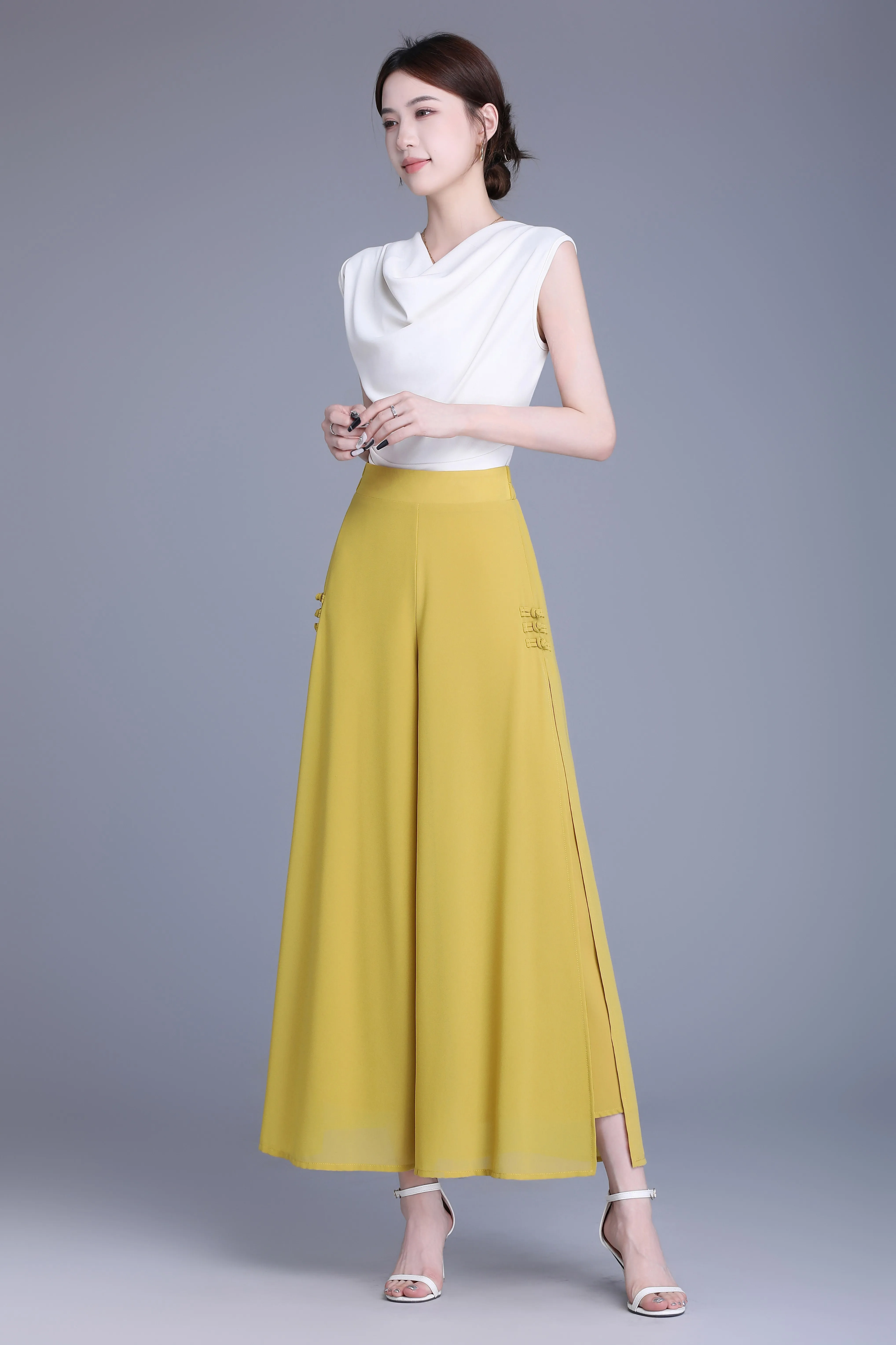 ZUZK Women Side Slit Chiffon Pants Summer Thin Elastic Waist Wide Leg Pants Chic Droop Trousers Chinese Style Nine Point Pants