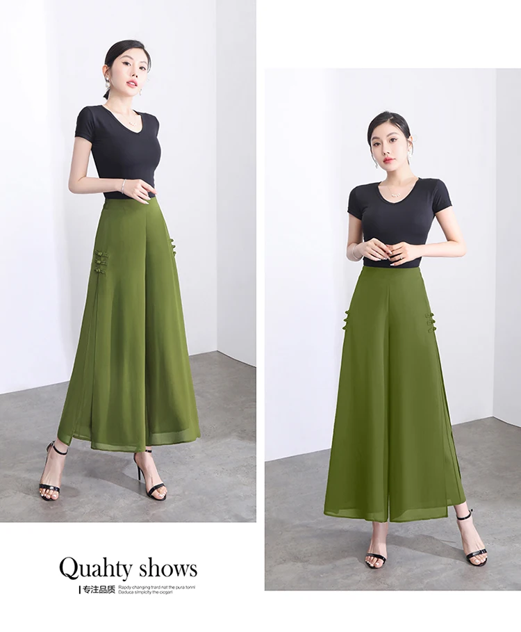 ZUZK Women Side Slit Chiffon Pants Summer Thin Elastic Waist Wide Leg Pants Chic Droop Trousers Chinese Style Nine Point Pants