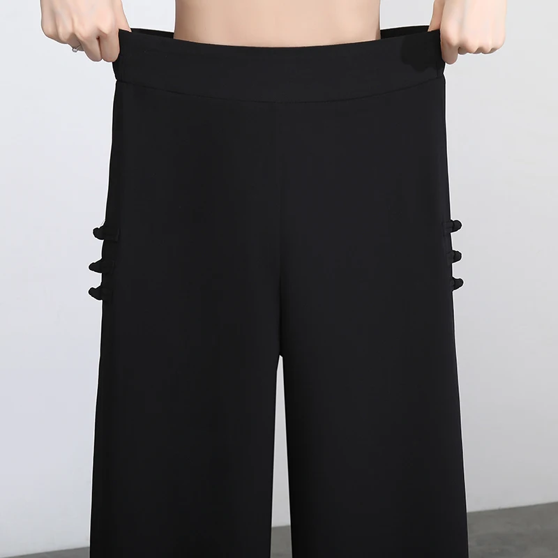 ZUZK Women Side Slit Chiffon Pants Summer Thin Elastic Waist Wide Leg Pants Chic Droop Trousers Chinese Style Nine Point Pants