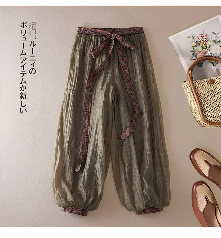 Women Boho Floral Print Pants Linen Wide Leg Vintage Female Elastic Waist Soft Comfortable Summer Fashion Casual Lantern Trouser