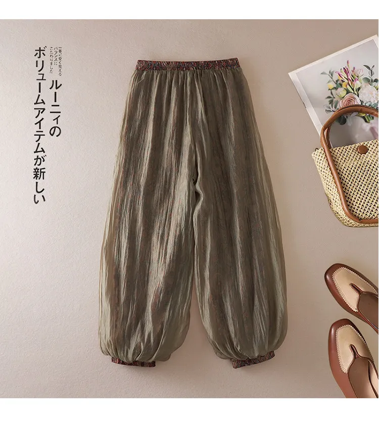 Women Boho Floral Print Pants Linen Wide Leg Vintage Female Elastic Waist Soft Comfortable Summer Fashion Casual Lantern Trouser