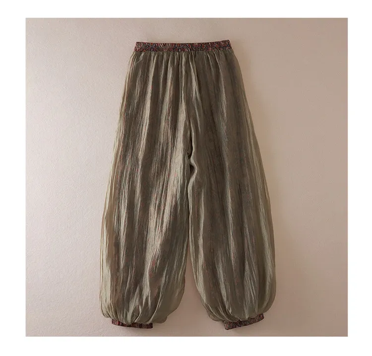 Women Boho Floral Print Pants Linen Wide Leg Vintage Female Elastic Waist Soft Comfortable Summer Fashion Casual Lantern Trouser