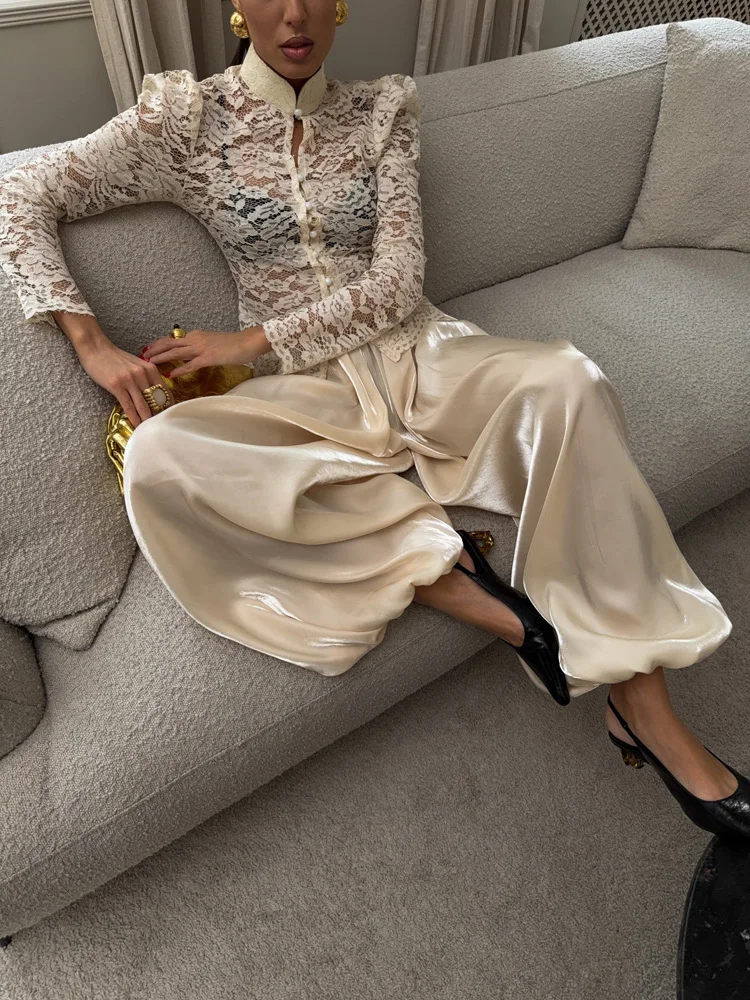 Mueyaruho 2026 Summer Autumn Women Shimmer Lantern Bloomers Pants Loose Crepe Baggy Harem Balloon Trousers Pants For Women